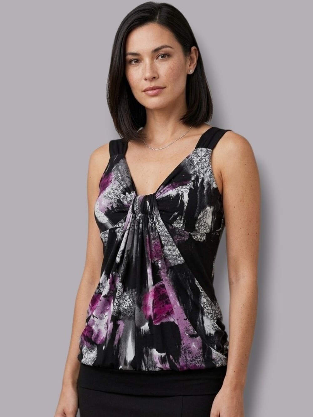 HKR Women's Elegant Gray/Black/Purple Women's Gathered Front Top